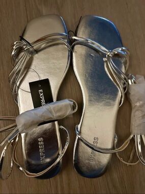 Express Metallic Silver Strappy Flat Sandals